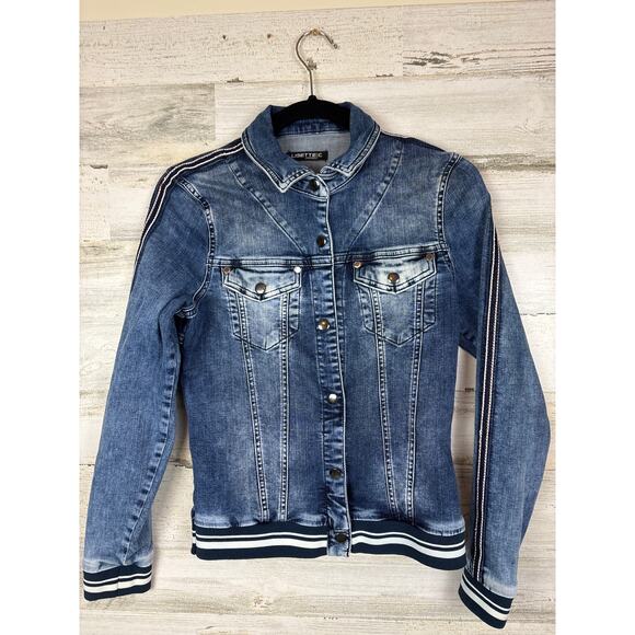 Lisette L Women’s XS Washed Blue Denim Snap-up Jacket Arm Stripe Banded Waist - Picture 4 of 4